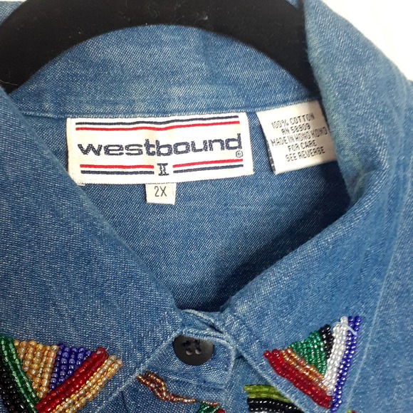 Vintage Westbound Long Sleeve Denim Beaded Blouse Size 2X - Picture 2 of 5